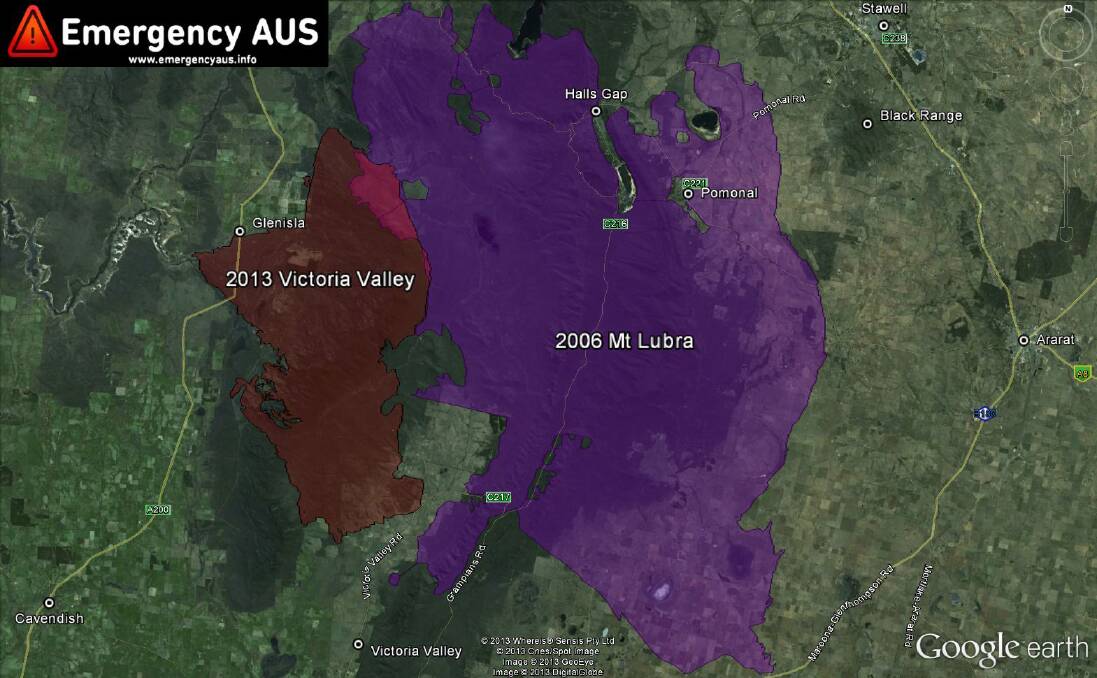 IN CONTRAST: The current Grampians bushfire, left, next to the 2006 Mt Lubra bushfire, in purple. The Mt Lubra blaze was the largest in the Wimmera's history. Picture: EMERGENCY AUS, GOOGLE