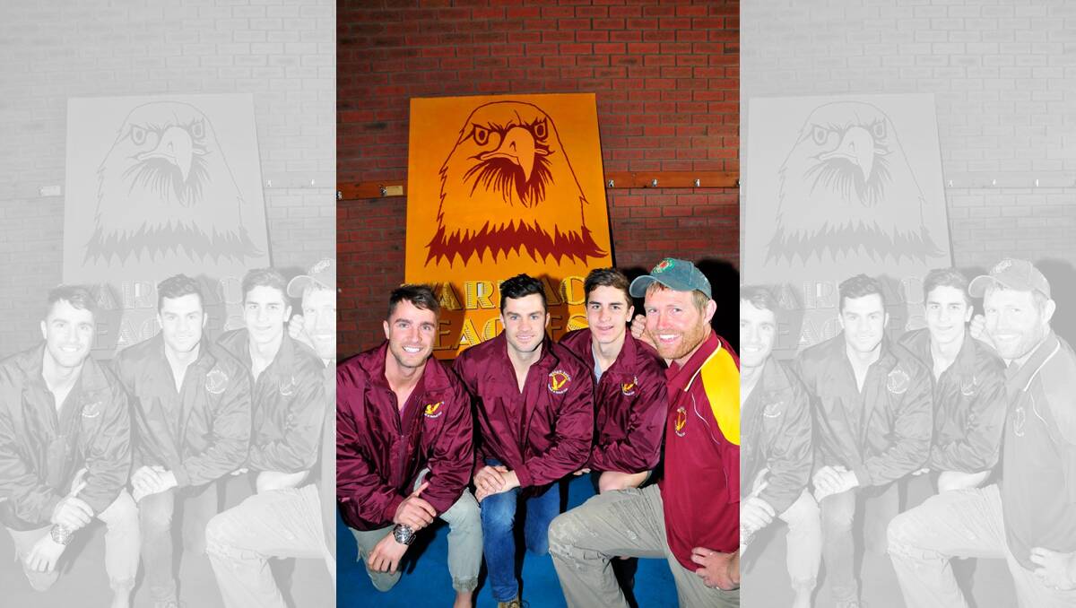 BROTHERS IN ARMS: Clayton Hinkley, left, will join brothers Jason and Dale at Warrack Eagles in 2014. The three siblings are pictured with Eagles playing-coach Tim Inkster, right. Picture: WARRACKNABEAL HERALD
