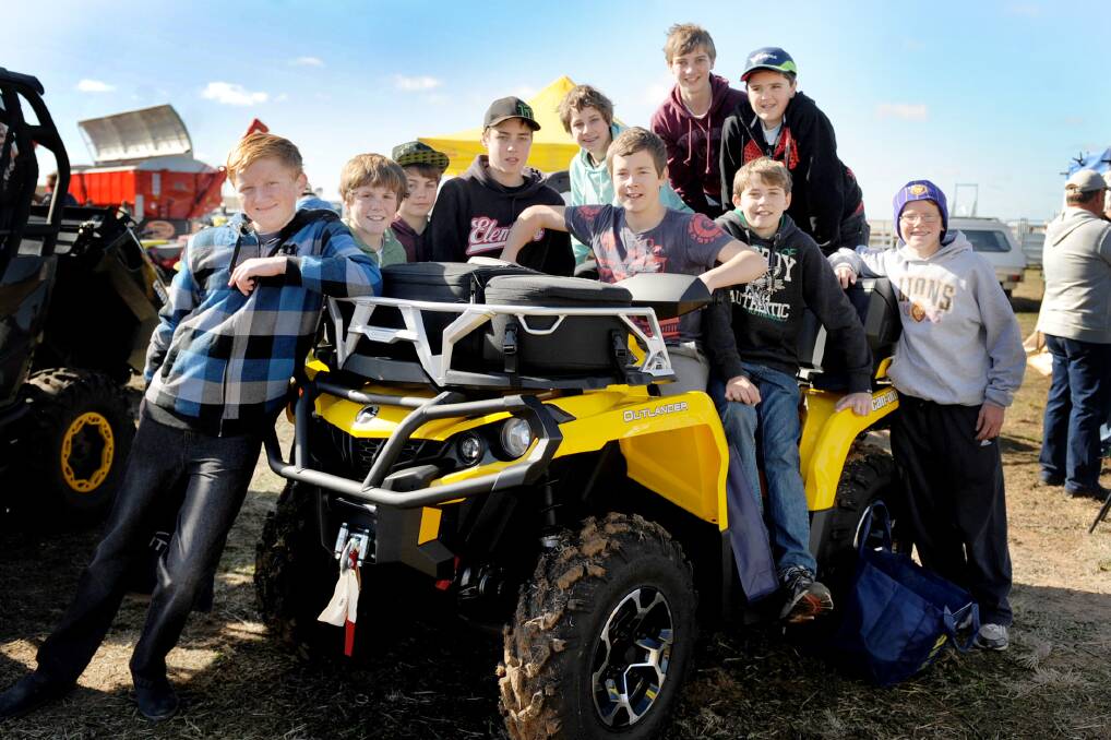 Motorbikes were the pick of the exhibits for Ouyen boys Daniel Kay, 14, Tom Morrish, 12, Ryan McKay, 13, Kyle Sporn, 14, and Harry Lynch, 13, Speed’s Aidan Down, 13, Declan Anderson, 12, of Ouyen, and front, Nik Ralph, 12, of Ouyen, Harrison Jolli, 13, of Speed and Nicholas Vine, 14, of Ouyen. Picture: SAMANTHA CAMARRI